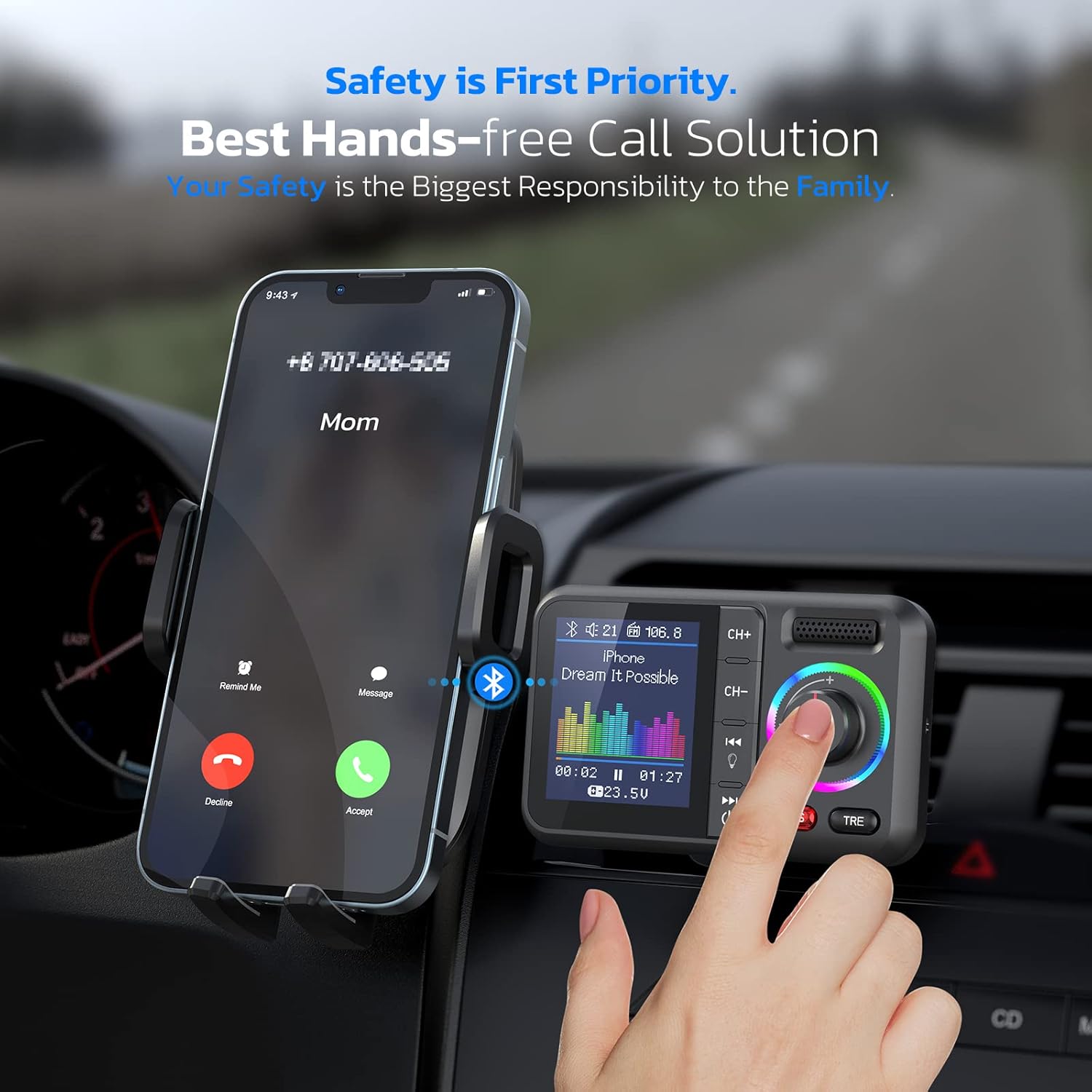 Bluetooth FM Transmitter for Car, Wireless Car Bluetooth V5.0 Adapter